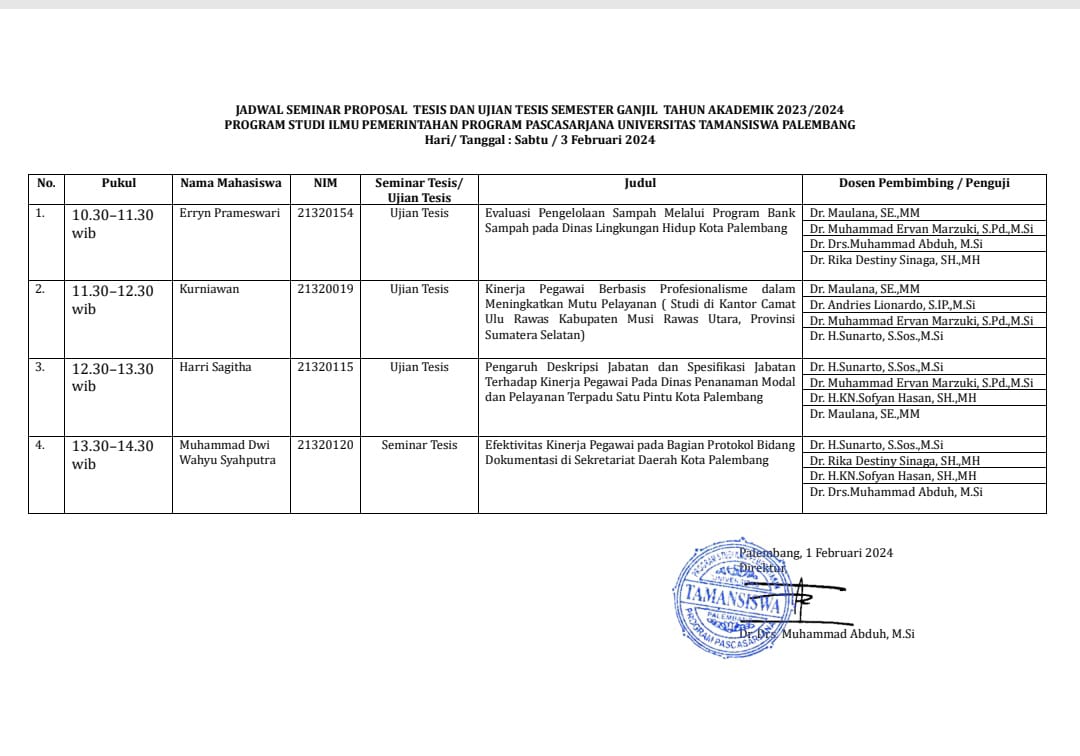 Pengumuman Hasil Kegiatan Sidang Tesis dan Seminar Proposal Tanggal 3 Febuari 2024 Pascasarjana Magister Ilmu Pemerintahan Universitas Tamansiswa Palembang