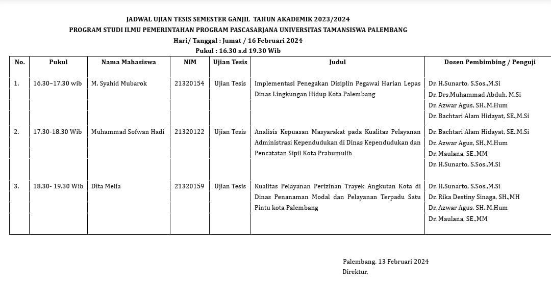 Pengumuman Hasil Kegiatan Sidang Tesis Tanggal 16 Febuari 2024 Pascasarjana Magister Ilmu Pemerintahan Universitas Tamansiswa Palembang